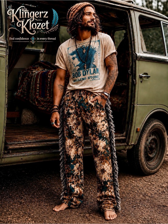 politics Other - Floral tapestry Fringe men’s Pants in Beige & Black.